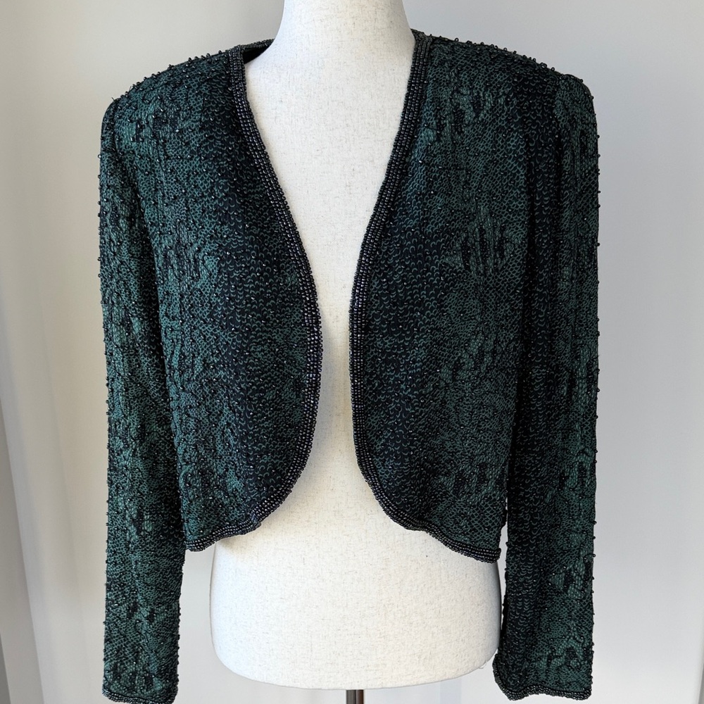 Elegant Green Beaded Cropped Blazer